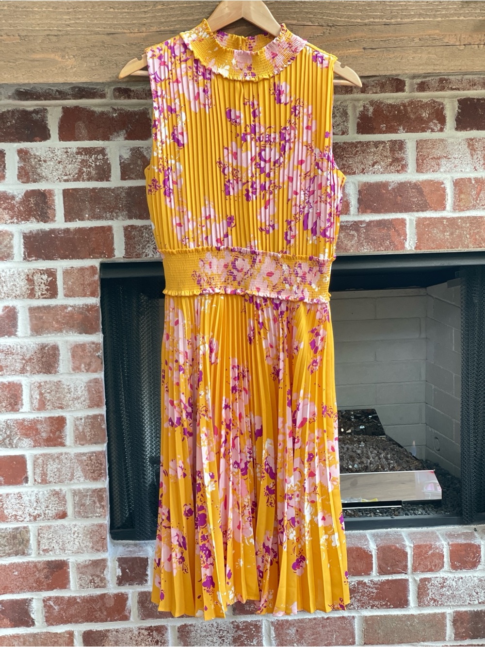 Yellow Floral Pleated Midi Sleeveless Dress with smocked high neck size 12